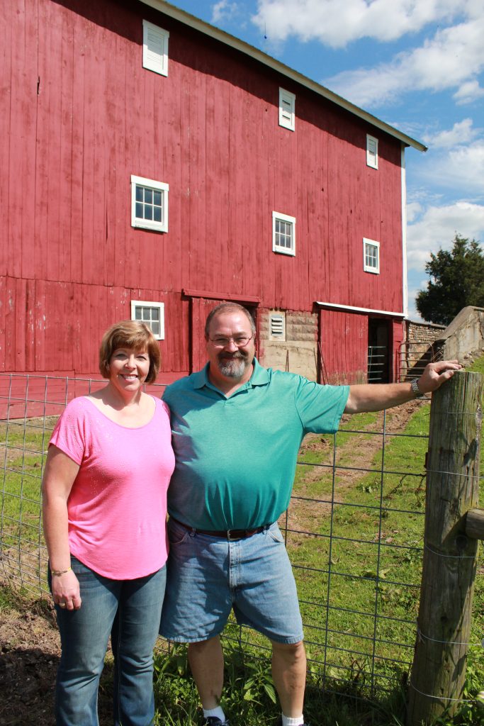 Kris and Mike Maroska, sixth-generation operators of Walnut Leaf Farm, maintain the agricultural landmarks built by Mike's great-grandfather Johnston Frank, including an early twentieth-century transverse frame basement barn.