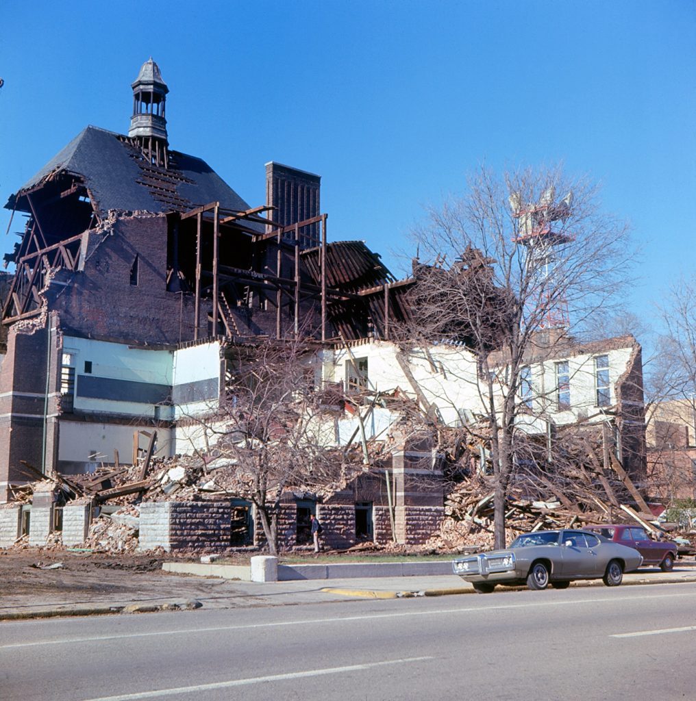 An early preservationist, Peddle photographed landmarks at all stages, including losses like Terre Haute's Wiley High School. (Photo: Vigo County Historical Society)